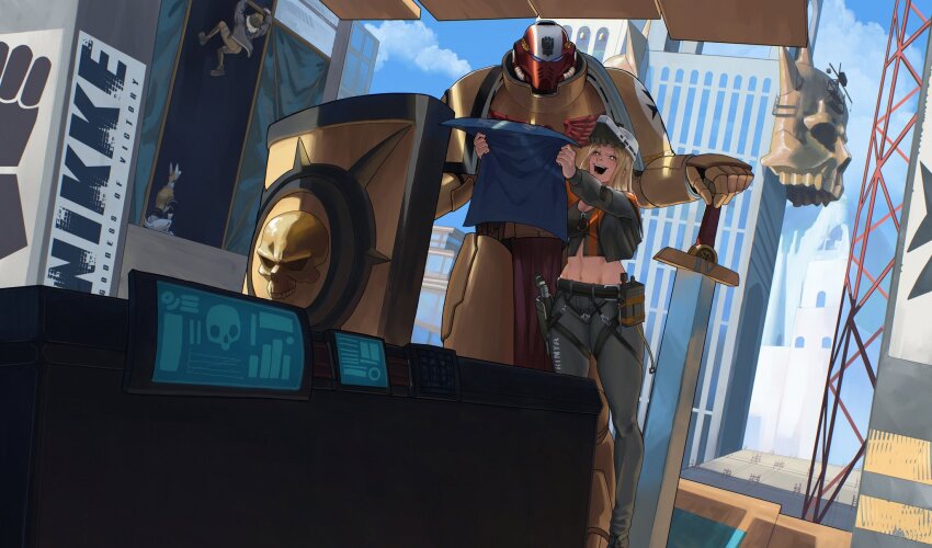 1other 2girls adeptus_astartes armor arms_up bandaid bandaid_on_face bandaid_on_nose black_boots black_jacket black_pants black_shirt blonde_hair blue_eyes blue_sky blueprint_(object) boots breastplate breasts commentary commission construction_site crossover english_commentary english_text eyelashes fist_print goddess_of_victory:_nikke hard_hat hat head-mounted_display helmet highres holding holding_paper holding_shield holding_sword holding_weapon imperial_fists jacket linea_alba loincloth long_hair long_sleeves looking_at_another looking_down medium_breasts medium_hair midriff mighty_tools_(nikke) multiple_girls navel nijik non-humanoid_robot nose open_mouth orange_trim outdoors pants paper pauldrons pavise red_helmet red_loincloth robot robot_animal robot_dog shield shirt shoulder_armor size_difference skindentation skull_ornament sky sparkling_eyes straight_hair sword teeth tight_clothes tight_pants toned toned_female warhammer_40k weapon white_hat yellow_armor yellow_helmet yellow_pants