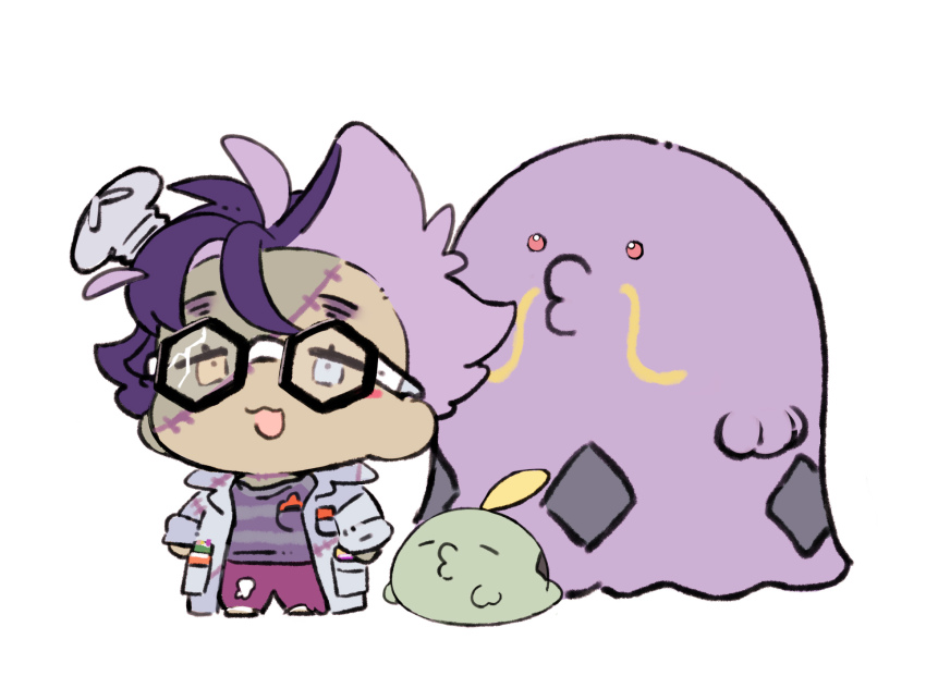 1boy :d black-framed_eyewear chibi coat commentary_request evolutionary_line game_freak gen_3_pokemon glasses gulpin halloween_costume highres jacq_(pokemon) long_sleeves male_focus nintendo object_through_head open_clothes open_coat open_mouth pants pokemon pokemon_(creature) pokemon_sv purple_pants screw_in_head shirt smile standing stitches striped_clothes striped_shirt swalot tudurimike white_background