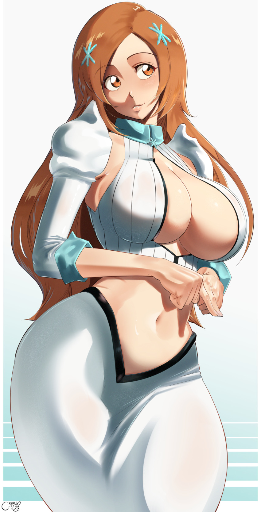 1girl absurdres bleach bleach:_sennen_kessen-hen blush breasts castell cleavage cleavage_cutout clothing_cutout crop_top curvy detached_sleeves hair_ornament hairpin highres inoue_orihime large_breasts lips long_hair long_skirt looking_to_the_side navel orange_eyes orange_hair parted_bangs shirt skirt smile solo stomach white_shirt white_skirt wide_hips