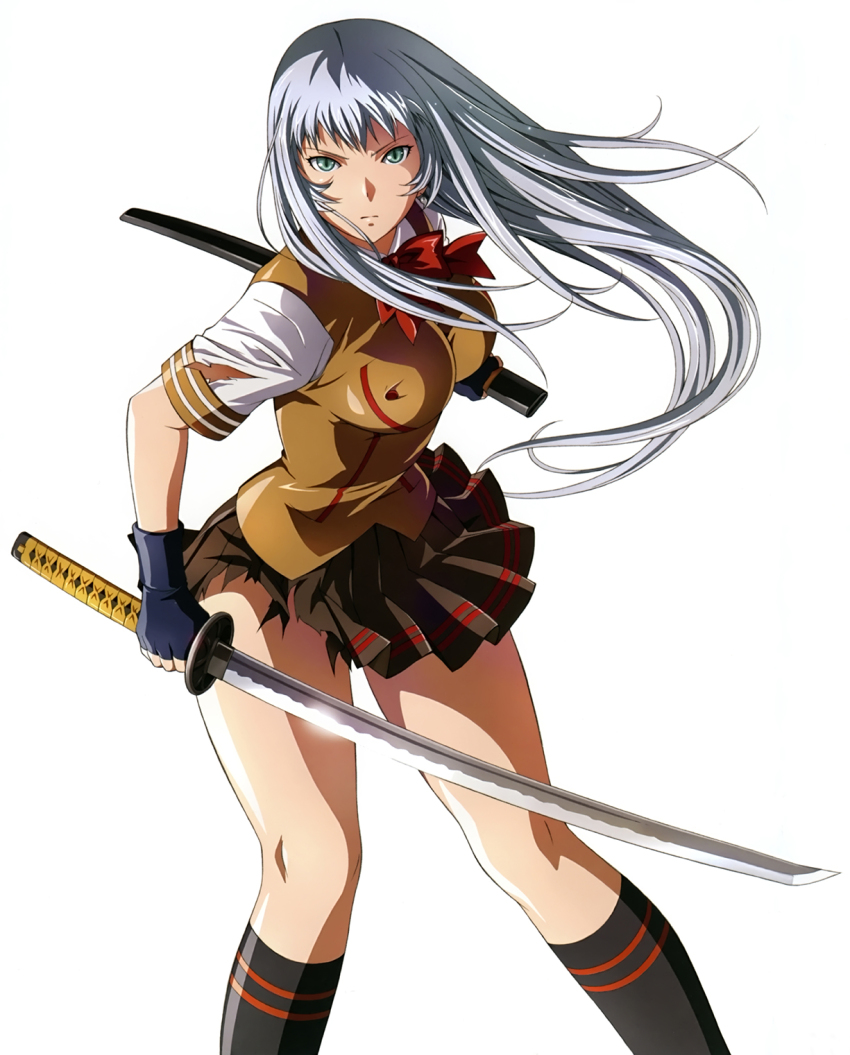 00s 1girl black_gloves black_socks brown_shirt brown_skirt chouun_shiryuu female_focus fingerless_gloves gloves green_eyes highres holding holding_sword holding_weapon ikkitousen katana kneehighs long_hair looking_at_viewer pleated_skirt rin-sin school_uniform shirt silver_hair skirt socks solo sword torn_clothes torn_skirt weapon