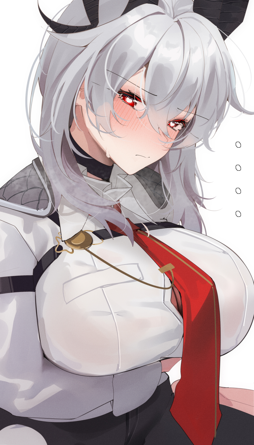 1girl absurdres alternate_breast_size arm_under_breasts black_choker black_horns black_pants blush breasts button_gap chest_harness choker closed_mouth commentary english_commentary grey_hair hair_between_eyes harness has_bad_revision has_downscaled_revision heart heart-shaped_pupils highres horns huge_breasts kebohan looking_at_viewer md5_mismatch medium_hair necktie pants red_eyes red_necktie resolution_mismatch simple_background solo source_smaller symbol-shaped_pupils white_background wuthering_waves zani_(wuthering_waves)