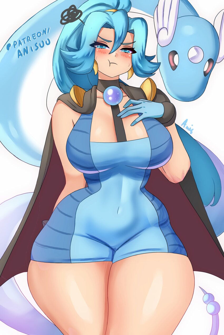1girl anisdrawn black_cape blue_bodysuit blue_eyes blue_gloves blue_hair blush bodysuit breasts cape clair_(pokemon) closed_mouth dragonair earrings gem gen_1_pokemon gloves hair_between_eyes highres jewelry large_breasts long_hair looking_at_viewer nintendo pearl_(gemstone) pokemon pokemon_(creature) pokemon_gsc pokemon_hgss ponytail solo tooth_earrings unitard