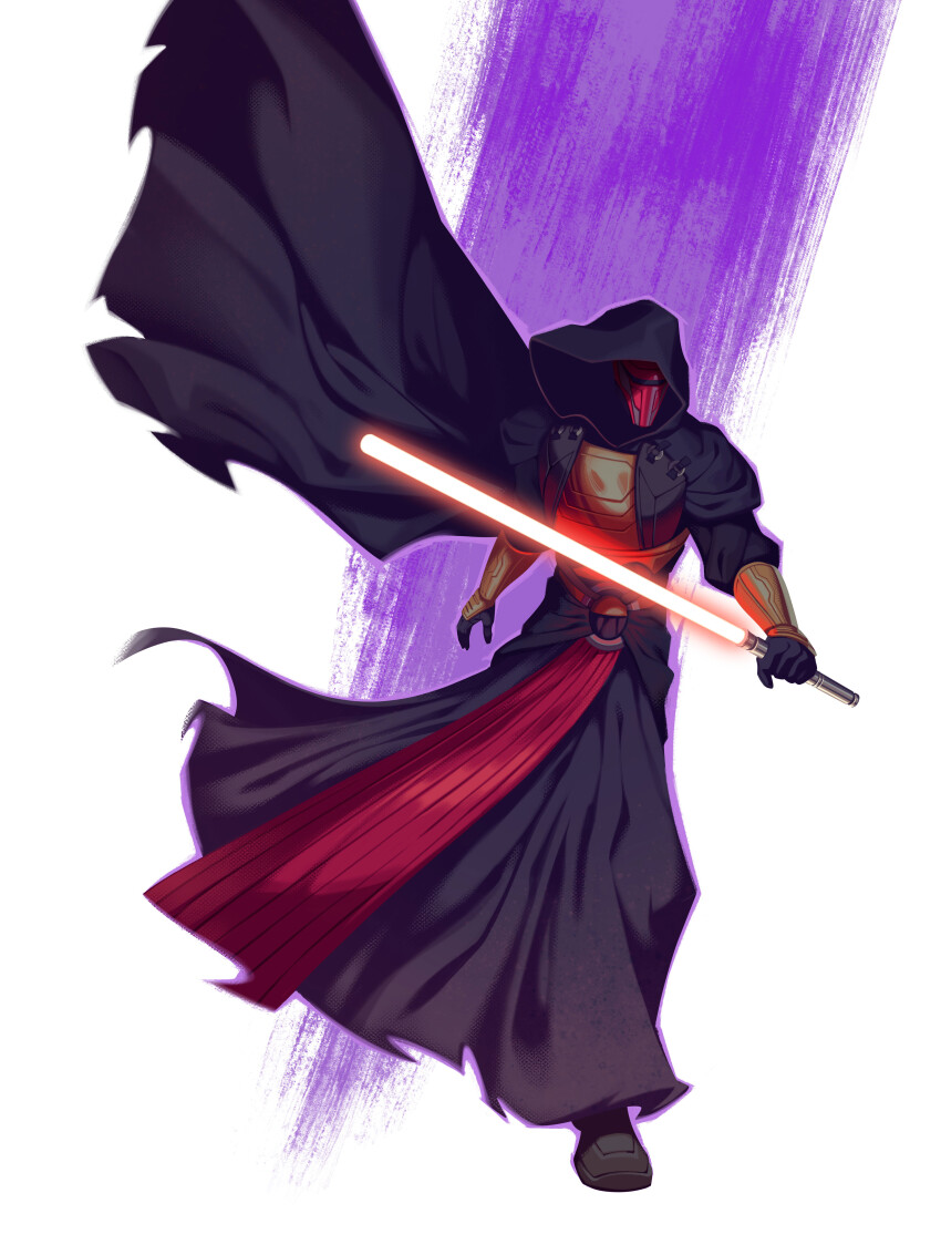 1boy absurdres black_boots black_cape black_gloves black_hood black_robe boots cape darth_revan energy_sword gloves highres holding holding_sword holding_weapon hooded_robe lightsaber mask red_lightsaber robe simple_background sith solo standing star_wars star_wars:_knights_of_the_old_republic sword valerio_buonfantino weapon