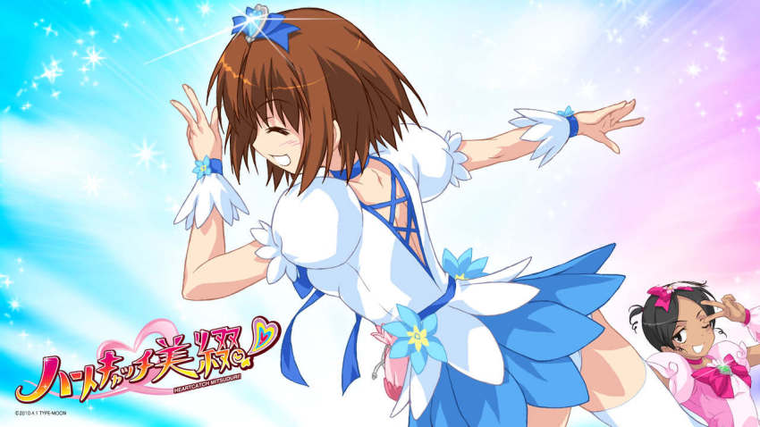 2girls april_fools cosplay cure_blossom cure_blossom_(cosplay) cure_marine cure_marine_(cosplay) fate/stay_night fate_(series) heartcatch_precure! jpeg_artifacts magical_girl makidera_kaede mitsuzuri_ayako multiple_girls parody precure ribbon type-moon