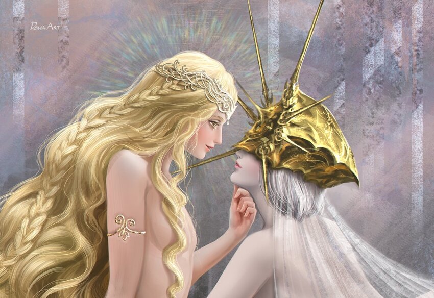 2boys blonde_hair circlet commentary company_connection covered_eyes crown dark_souls_(series) dark_souls_i dark_sun_gwyndolin develvdeva elden_ring elden_ring:_shadow_of_the_erdtree english_commentary eye_contact eyelashes fromsoftware hand_on_another&#039;s_chin long_hair looking_at_another male_focus miquella_(elden_ring) multiple_boys pale_skin smile trap very_long_hair wavy_hair white_hair yaoi