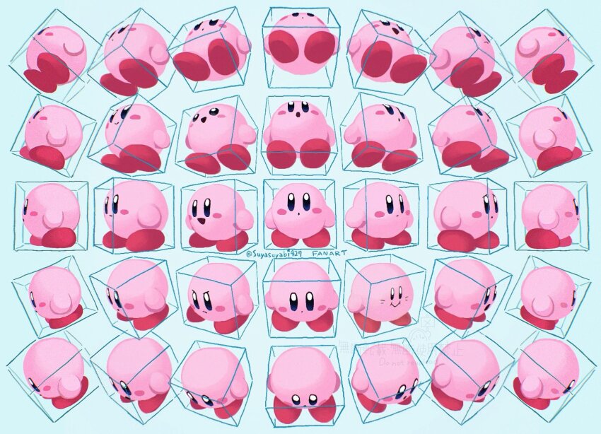 25_perspective_box_exercise :d :o blue_background blue_eyes blush_stickers closed_mouth colored_skin frown highres kirby kirby_(series) nintendo no_humans odd_one_out open_mouth pink_skin simple_background smile suyasuyabi twitter_username v-shaped_eyebrows