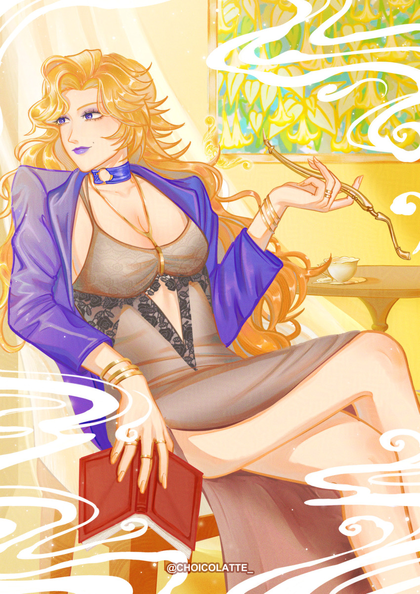 1girl black_chemise blonde_hair blue_choker blue_eyes book bracelet breasts choicolatte choker cleavage collarbone dress gold_bracelet highres holding holding_book holding_smoking_pipe jacket jewelry lace-trimmed_chemise large_breasts long_hair mole mole_on_cheek o-ring o-ring_choker path_to_nowhere purple_lips sitting smoke smoking_pipe solo tumblr_username vautour_bleu_(path_to_nowhere)
