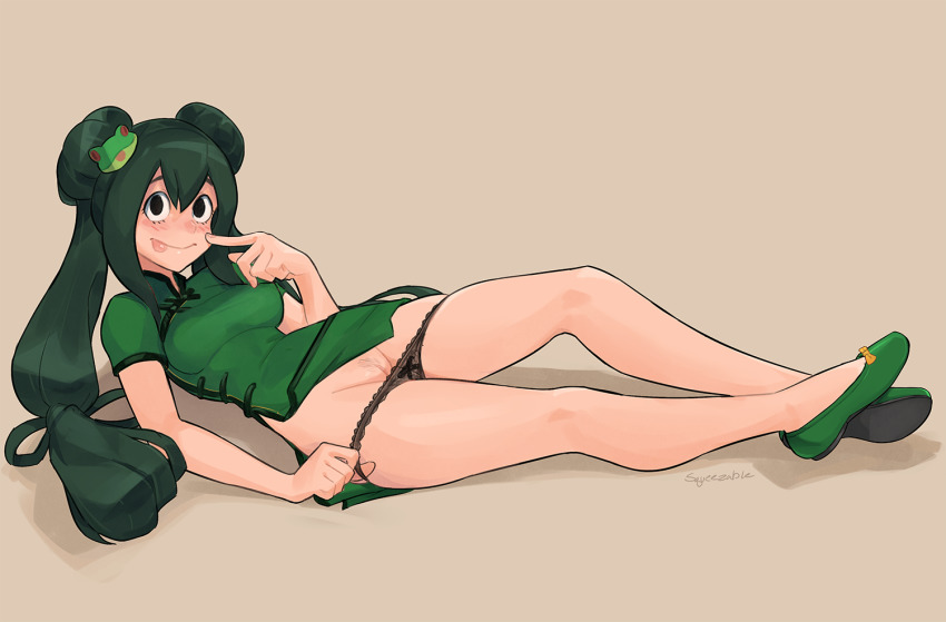 1girl alternate_hairstyle asui_tsuyu bare_legs black_eyes blush boku_no_hero_academia bow-shaped_hair breasts brown_panties china_dress chinese_clothes cleft_of_venus clothes_lift commission double_bun dress female_pubic_hair finger_to_cheek fingernails flashing flats frog_girl frog_hair_ornament full_body green_dress green_footwear green_hair hair_bun hair_ornament lace lace_panties lingerie long_hair long_legs low-tied_long_hair lying medium_breasts narrow_waist nose_blush on_back panties panty_pull pelvic_curtain pelvic_curtain_lift pubic_hair pulling_own_clothes pussy short_dress side_slit solo squeezable_(squeezabledraws) thighs tongue tongue_out twintails uncensored underwear
