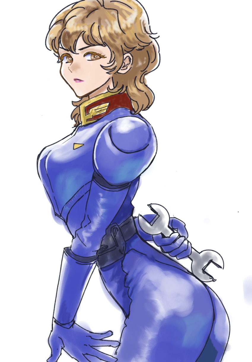 1girl blue_bodysuit bodysuit char&#039;s_counterattack gundam highres holding holding_wrench long_hair looking_at_viewer mecha_pilot_suit medium_hair normal_suit_(gundam) okrdisk2000 orange_eyes orange_hair rezin_schnyder solo white_background wrench