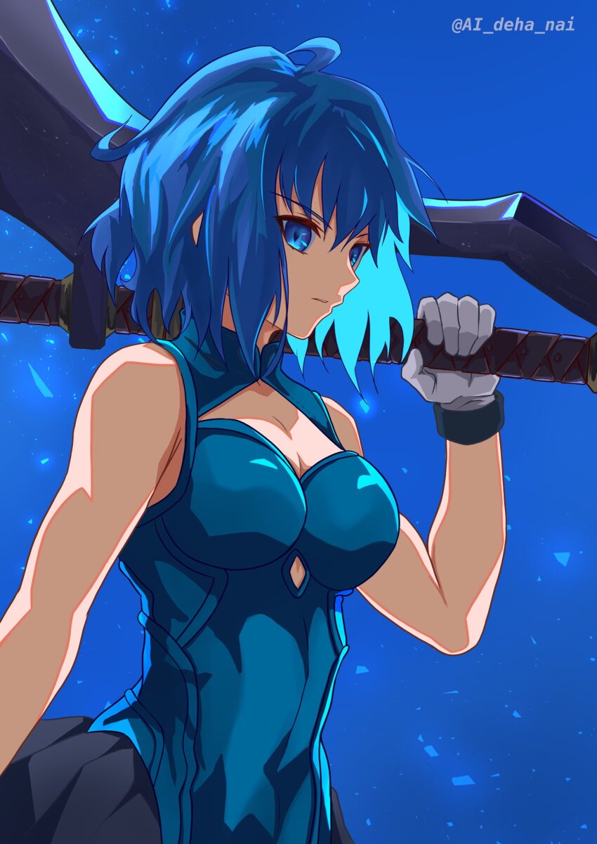 1girl artist_request blue_dress blue_eyes blue_hair ciel_(tsukihime) cleavage_cutout clothing_cutout dress female_focus gloves highres melty_blood navel_peek powered_ciel short_hair skirt tomboy tsukihime upper_body watermark weapon