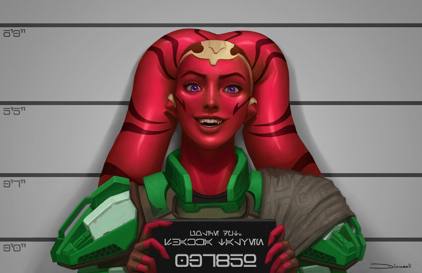 1girl alien armor brown_gloves colored_skin dimorali fingerless_gloves gloves green_armor lekku_(anatomy) looking_at_viewer mugshot purple_eyes red_skin solo star_wars star_wars:_the_old_republic teeth twi&#039;lek upper_body