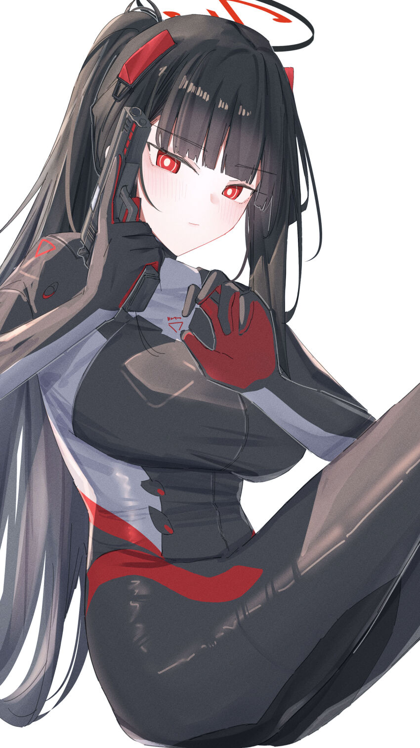 1girl absurdres black_bodysuit black_hair blue_archive blunt_bangs blush bodysuit closed_mouth gun handgun highres holding holding_gun holding_weapon leonardo_566 long_hair looking_at_viewer official_alternate_costume official_alternate_hairstyle ponytail red_eyes rio_(bodysuit)_(blue_archive) sidelocks solo weapon