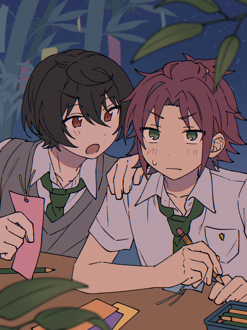 2boys :o :| absurdres against_table bamboo chromatic_aberration closed_mouth dot_nose elbow_rest ensemble_stars! facing_another film_grain foliage green_necktie hand_rest highres holding holding_paper holding_petal isara_mao light_blush looking_ahead looking_at_another male_focus multiple_boys necktie night niyororinpayamaru outdoors paper petals portrait sakuma_ritsu school_uniform side-by-side sitting_on_branch sky split_mouth star_(sky) starry_sky sweatdrop tanabata v-shaped_eyebrows yumenosaki_school_uniform