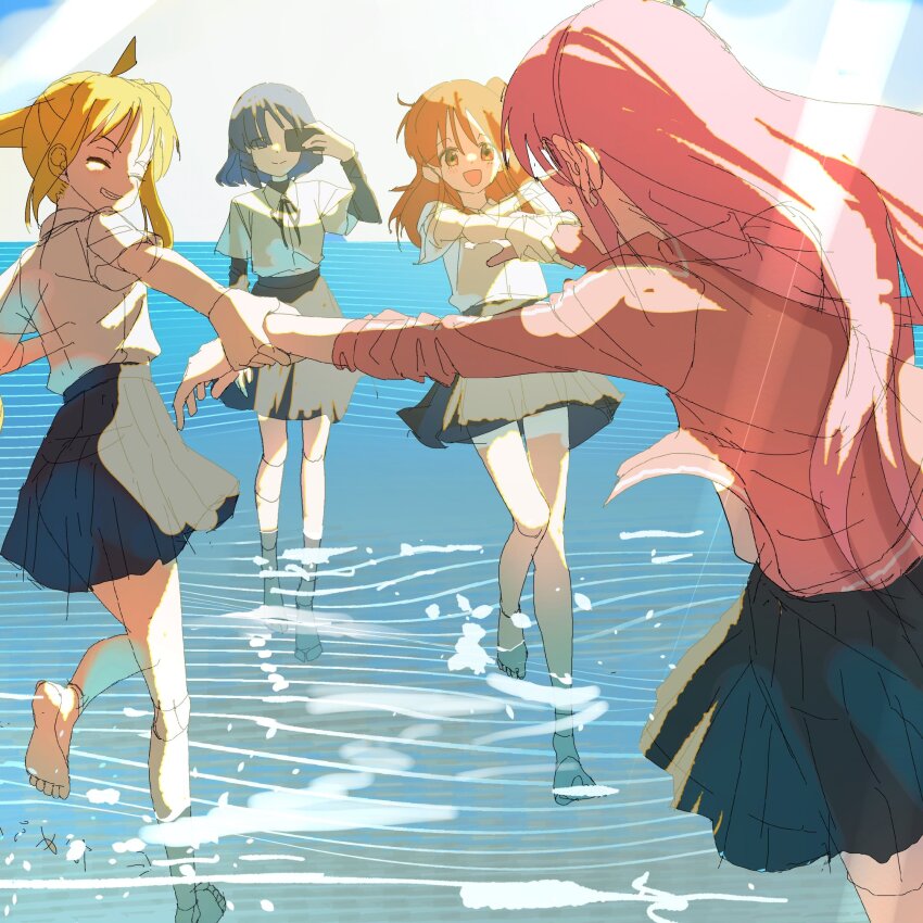 4girls blonde_hair blue_hair bocchi_the_rock! gotoh_hitori highres ijichi_nijika jdge kita_ikuyo multiple_girls ocean partially_submerged pink_hair pulling unfinished wading yamada_ryo