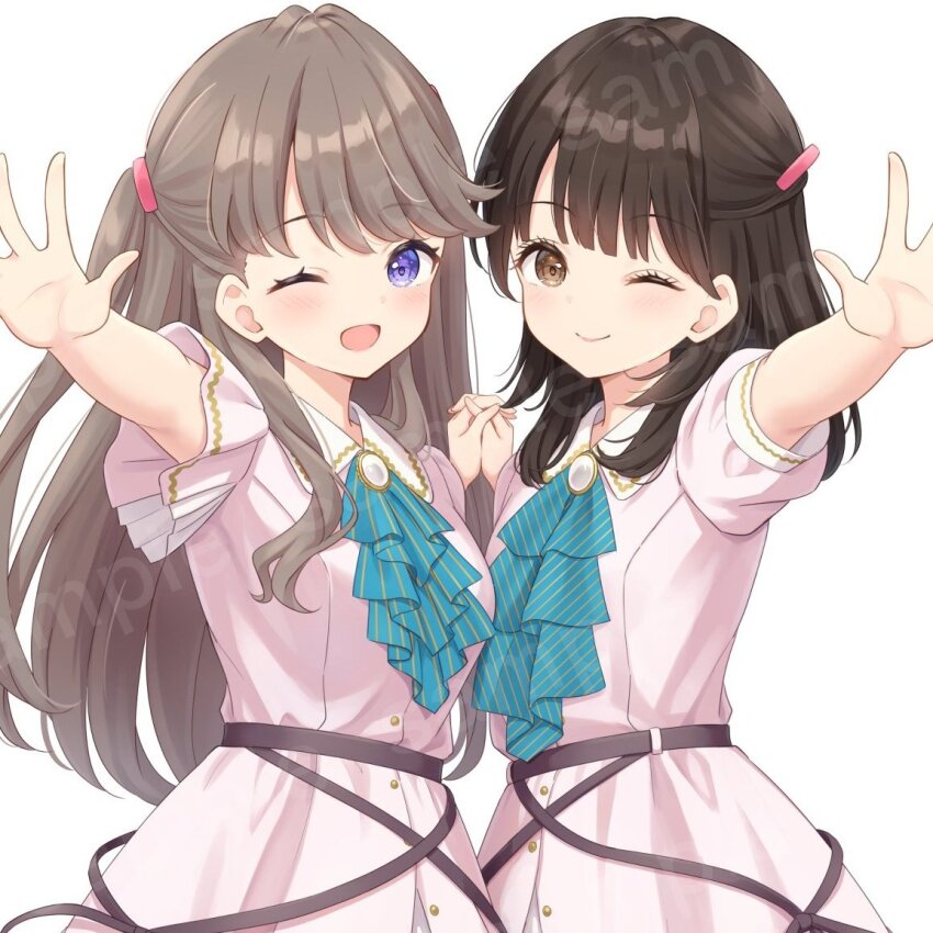 2girls 4th_live_dream_~bloom_the_dream_believers~ ;) ;d animification ascot blue_ascot blush breasts brown_eyes brown_hair closed_mouth commentary_request cowboy_shot dream_believers dress flower_stand_art fujishima_megumi hanazora_satsuki holding_hands interlocked_fingers link!_like!_love_live! long_hair looking_at_viewer love_live! medium_breasts multiple_girls official_alternate_costume one_eye_closed open_hand open_mouth pink_dress pinstripe_ascot puffy_short_sleeves puffy_sleeves real_life sample_watermark short_sleeves simple_background smile tsukine_kona two_side_up virtual_youtuber voice_actor voice_actor_connection watermark watermark_grid white_background