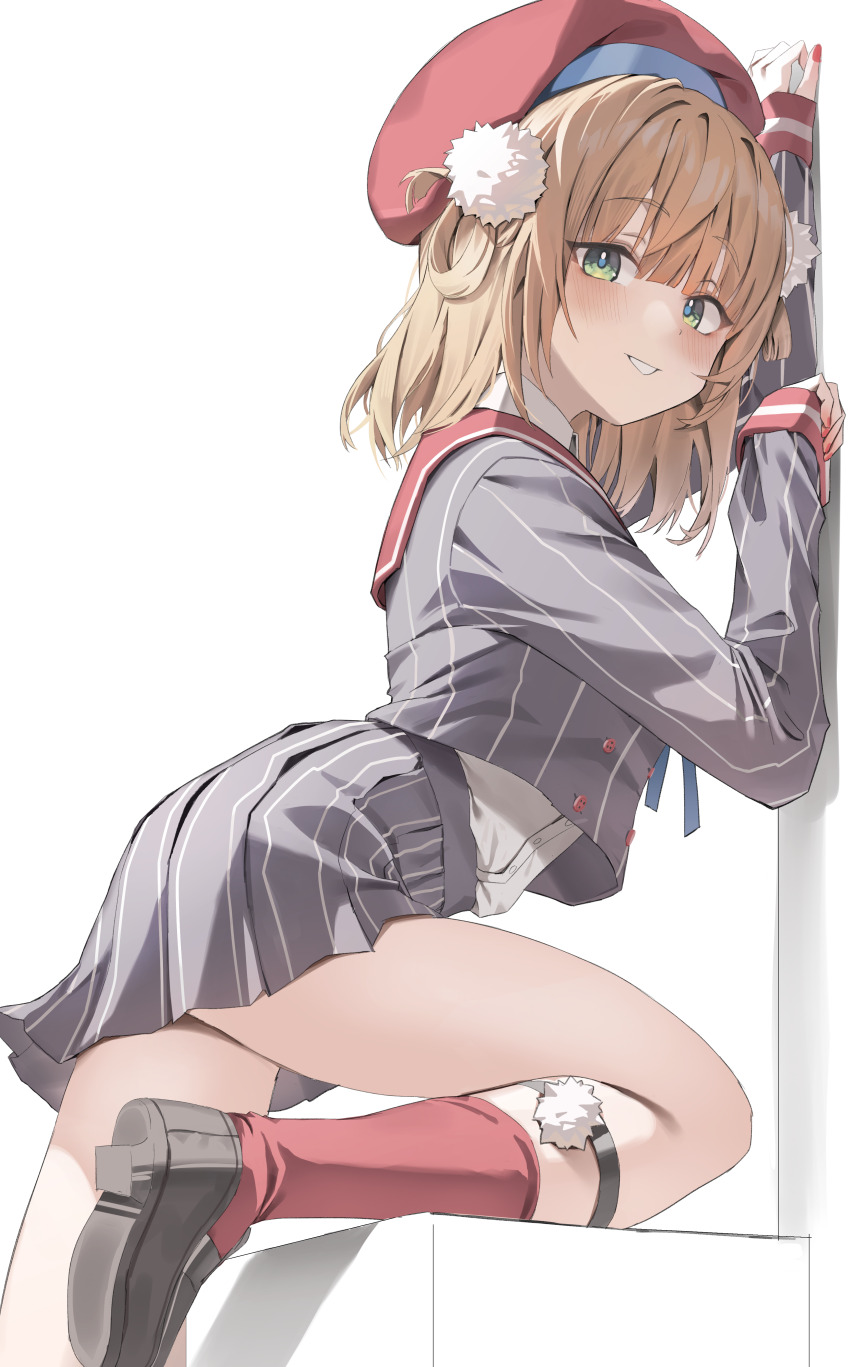 1girl absurdres arched_back beret blonde_hair blue_ribbon blunt_bangs braid buttons collared_shirt commentary double-breasted dress_shirt from_side green_eyes grey_jacket grey_skirt grin hair_ornament hair_rings hat highres jacket kneehighs legwear_garter loafers long_sleeves looking_at_viewer miniskirt neck_ribbon pinstripe_jacket pinstripe_pattern pinstripe_skirt pleated_skirt pom_pom_(clothes) pom_pom_hair_ornament red_hat red_sailor_collar red_socks ribbon sailor_collar scarlet_(wv0102) school_uniform shigure_ui_(vtuber) shigure_ui_(vtuber)_(1st_costume) shirt shoes short_hair side_braid simple_background skirt sleeve_cuffs sleeves_past_wrists smile socks solo symbol-only_commentary virtual_youtuber white_background white_shirt