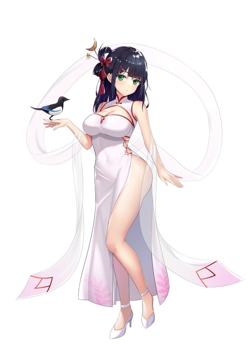 1girl absurdres bird bow china_dress chinese_clothes closed_mouth dress green_eyes high_heels highres magpie maiduo red_bow sengluo_sang white_dress