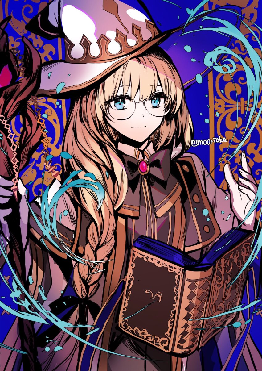 1girl aesc_(fate) aesc_(rain_witch)_(fate) black_bow blonde_hair blue_background blue_eyes book bow braid brooch cloak fate/grand_order fate_(series) floating floating_book floating_object glasses hand_up hat highres holding holding_staff jewelry long_hair looking_at_viewer rioka_(southern_blue_sky) round_eyewear single_braid smile solo staff twitter_username white_cloak white_hat witch_hat