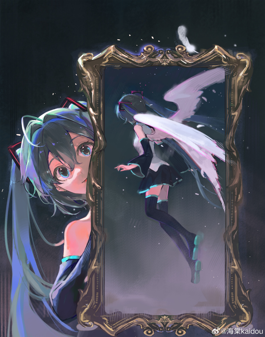 1girl absurdres ahoge angel_wings aqua_eyes aqua_hair black_skirt black_sleeves black_thighhighs colored_shoe_soles detached_sleeves feathers haitang hatsune_miku highres pleated_skirt portrait_(object) shirt shoe_soles shoes skirt solo thighhighs twintails vocaloid watermark weibo_username weibo_watermark white_shirt wings