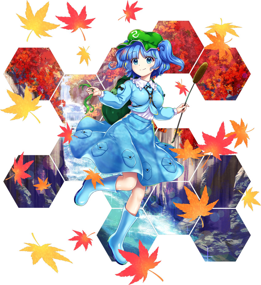 1girl autumn_leaves backpack bag blue_boots blue_eyes blue_hair blue_shirt blue_skirt boots cattail closed_mouth collared_shirt falling_leaves flat_cap frilled_shirt_collar frills full_body game_cg green_bag green_hat hair_bobbles hair_ornament hat highres holding holding_plant kawashiro_nitori kawashiro_nitori_(faith) key leaf leg_up long_sleeves looking_at_viewer mountain_of_faith official_art plant pocket rotte_(1109) rubber_boots seaweed shirt skirt smile solo third-party_source touhou touhou_lostword transparent_background tree two_side_up water waterfall white_shirt