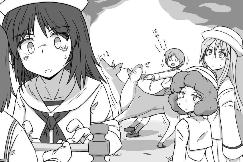 5girls afterimage blank_eyes blouse commentary curly_hair deer dixie_cup_hat flint_(girls_und_panzer) flying_sweatdrops girls_und_panzer giving greyscale hammer hat highres holding holding_hammer holding_hands light_frown long_hair long_sleeves looking_at_another looking_back medium_hair military_hat monochrome motion_lines multiple_girls murakami_(girls_und_panzer) neckerchief ooarai_naval_school_uniform ooarai_school_uniform open_mouth pleated_skirt renshiu rum_(girls_und_panzer) sailor sailor_collar sakaguchi_karina sawa_azusa school_uniform shirt short_hair skirt sweatdrop tilted_headwear translated