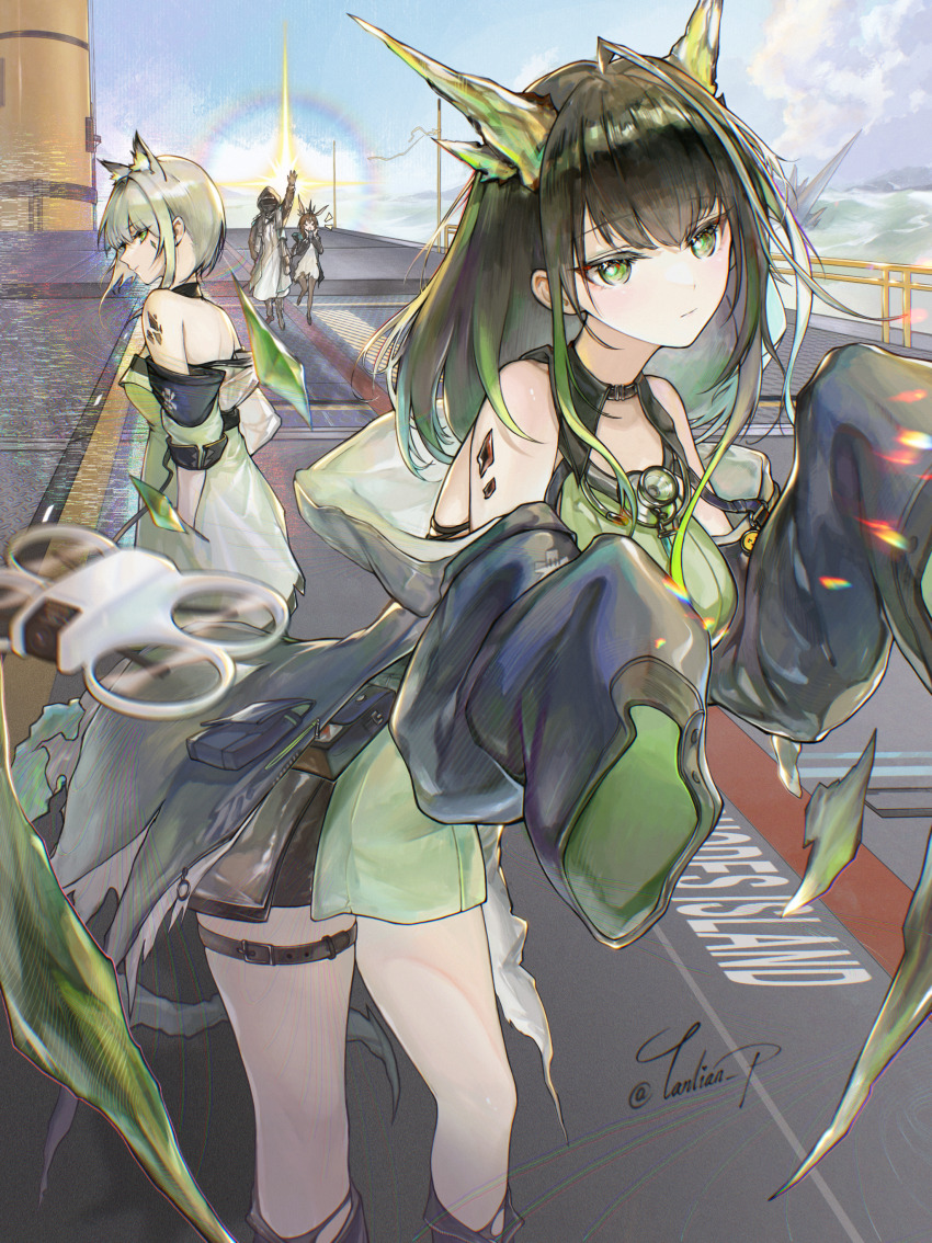 &gt;_&lt; 1other 3girls absurdres ahoge amiya_(arknights) animal_ear_fluff animal_ears arknights arm_up bare_shoulders belt belt_buckle black_belt black_coat black_gloves black_hair black_hood black_jacket black_pantyhose blurry buckle chinese_commentary chromatic_aberration closed_eyes closed_mouth cloud coat commentary_request day diffraction_spikes doctor_(arknights) dress drone gloves green_dress green_eyes green_hair grey_dress grey_hair hand_in_pocket heavy_lens_flare highres hood hood_up huge_ahoge jacket kal&#039;tsit_(arknights) lens_flare long_sleeves looking_at_viewer material_growth medium_hair mon3tr_(arknights) motion_blur multiple_girls non-circular_lens_flare notice_lines off_shoulder open_clothes open_coat open_mouth oripathy_lesion_(arknights) outdoors outstretched_arm pantyhose profile rhodes_island_landship robe shouting sleeveless sleeveless_dress sleeves_past_fingers sleeves_past_wrists standing star_of_life sun thigh_belt thigh_strap torn_clothes torn_dress walking waving_arm white_dress white_robe yanlianp