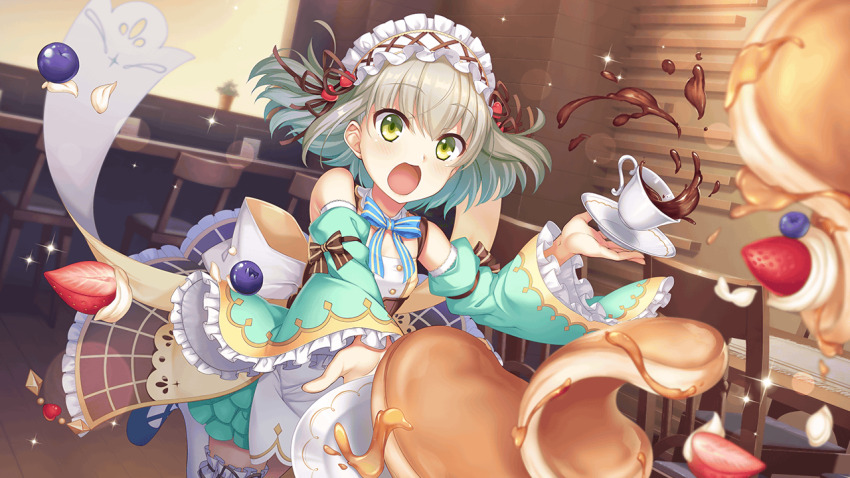 1girl aqua_hair bare_shoulders birthday_cake blue_bow blueberry blush bow cake cake_slice candle cherry coffee cream cup deep_one_kyomu_to_mugen_no_fragment dessert detached_sleeves diffraction_spikes dress flower food fork frilled_skirt frilled_sleeves frills fruit full_moon glint green_eyes hairband holding holding_fork holding_plate holding_tray katia_bruntseva lens_flare long_sleeves macaron maid maid_headdress mayusaki_yuu moon non-web_source open_mouth orange_(fruit) pancake parfait pastry pie plate pudding red_flower saucer short_hair skirt solo sparkle sparkle_background strawberry strawberry_shortcake syrup table tea teacup teapot thighhighs tray two_side_up v-shaped_eyebrows waitress whipped_cream wide_sleeves