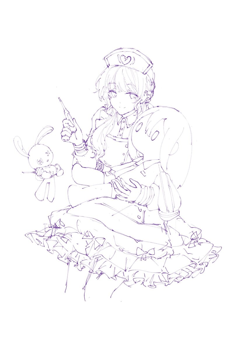 0_0 1girl asahina_mafuyu broken_heart_print character_doll closed_mouth cropped_legs dress frilled_dress frills hat highres holding holding_syringe holding_thermometer invisible_chair l9525 long_hair monochrome nurse nurse_cap official_alternate_costume on_lap project_sekai purple_theme simple_background sitting sketch smile solo split_mouth stuffed_animal stuffed_rabbit stuffed_toy syringe thermometer twintails white_background wonderhorror~!?_na_kimodameshi!_(project_sekai) yoisaki_kanade
