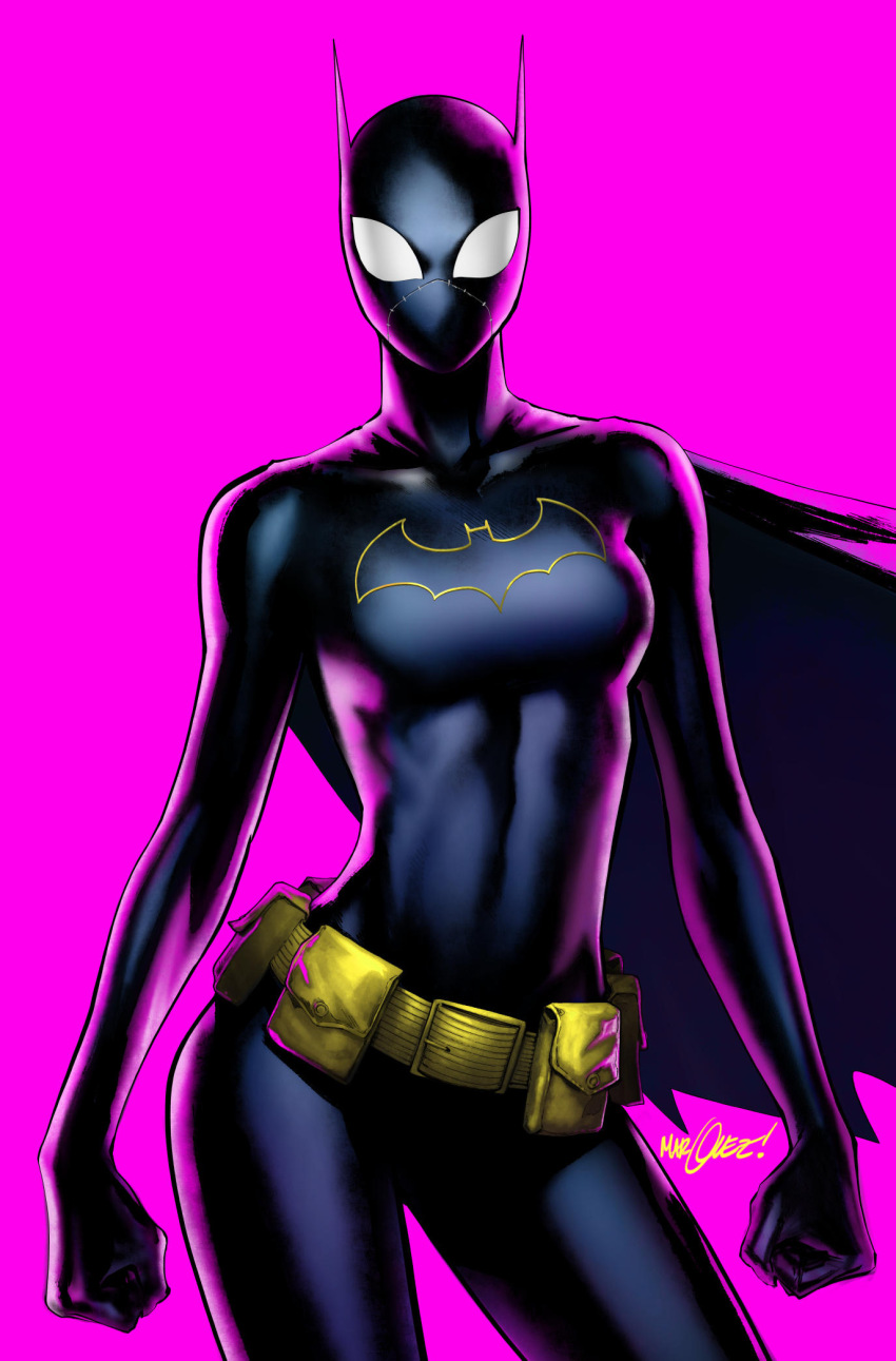 1girl batgirl batgirl_costume_(2021_cassandra) batman_(series) belt belt_pouch black_bodysuit black_cape black_mask bodysuit breasts cape cassandra_cain clenched_hands cowl david_marquez dc_comics highres looking_at_viewer medium_breasts pink_background pouch signature simple_background solo superhero_costume textless_version utility_belt yellow_belt