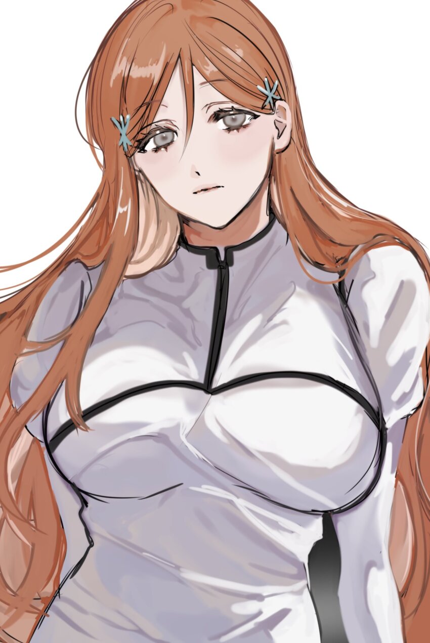 1girl bleach breasts brown_eyes closed_mouth female_focus hair_ornament hairclip highres inoue_orihime large_breasts long_hair looking_at_viewer namahamumn orange_hair simple_background snowflake_hair_ornament upper_body white_background