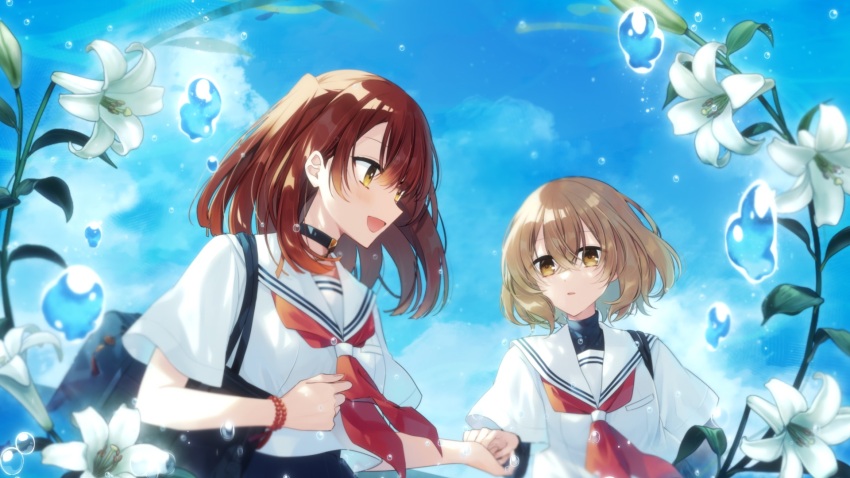 2girls :d bag black_choker blue_sky bracelet brown_eyes brown_hair choker cloud day flower hair_between_eyes highres holding_hands jewelry key_visual lily_(flower) looking_at_another medium_hair momoiro multiple_girls neckerchief official_art open_mouth outdoors parted_lips promotional_art red_hair red_neckerchief sailor_collar school_bag school_uniform serafuku shirt short_hair short_sleeves shoulder_bag sky smile upper_body watashi_wo_tabetai_hitodenashi watch water_drop white_flower white_lily white_sailor_collar white_serafuku white_shirt wristwatch yaotose_hinako yashiro_miko yellow_eyes