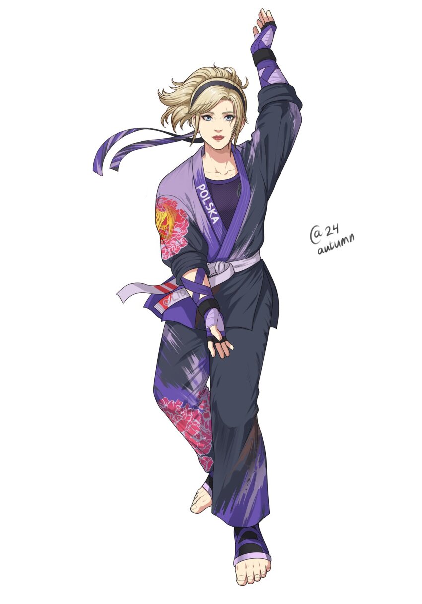 1girl autumn-sacura belt blonde_hair blue_eyes collarbone dougi fingerless_gloves gloves hairband highres karate karate_gi lidia_sobieska looking_at_viewer martial_arts_belt polish_text ponytail scar scar_across_eye scar_on_face solo studded_gloves tekken tekken_8 white_belt