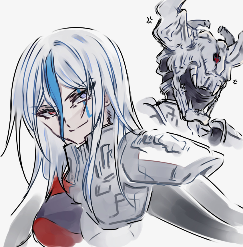 1girl armor blue_eyes blue_hair closed_mouth female_focus hair_between_eyes helmet heterochromia highres long_hair mask mask_on_head red_eyes shoulder_armor simple_background smile the_hundred_line_-last_defense_academy- upper_body v&#039;ehxness white_background white_hair