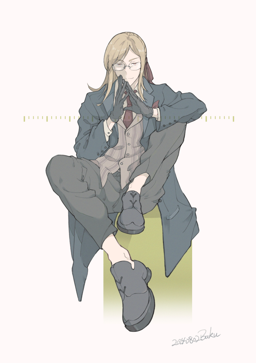 1boy bakurobingi black_gloves black_shoes blonde_hair blue_coat brown_pants brown_vest coat commentary dated foreshortening full_body glasses gloves half-closed_eyes highres jade_curtiss knees_up long_hair long_sleeves looking_at_viewer male_focus necktie pants red_necktie shirt shoes signature simple_background sitting smile smug solo tales_of_(series) tales_of_the_abyss vest white_background white_shirt