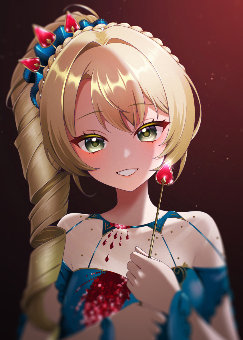 1girl absurdres blonde_hair blue_dress breasts brown_background cleavage dress drill_hair gradient_background green_eyes grin hair_ornament hands_up head_tilt highres holding holding_wand long_hair looking_at_viewer milmil7 official_alternate_costume reverse:1999 see-through_cleavage see-through_clothes short_sleeves side_drill smile solo sotheby upper_body wand