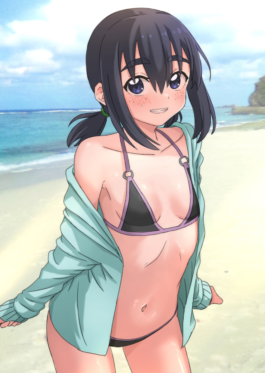1girl absurdres beach bikini black_bikini black_eyes black_hair blue_sky breasts cloud cowboy_shot day green_jacket hakuino_hakase highres horizon jacket low_ponytail medium_breasts o-ring o-ring_bikini o-ring_top ocean open_clothes open_jacket original outdoors parted_lips ponytail sky small_breasts solo swimsuit thick_eyebrows