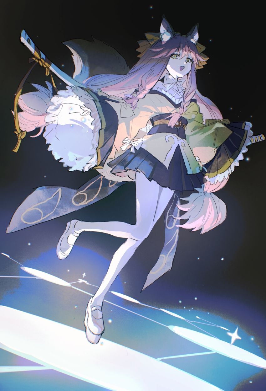 1girl :d absurdres animal_ear_fluff animal_ears black_background black_sash black_skirt braid braided_sidelocks fate/samurai_remnant fate_(series) frilled_sleeves frills full_body highres japanese_clothes katana kimono light_particles long_hair long_sleeves looking_at_viewer low-braided_long_hair low-tied_long_hair low-tied_sidelocks mary_janes mimulishizi open_mouth pantyhose pink_hair platform_shoes pleated_skirt sash shoes sidelocks skirt smile solo standing standing_on_one_leg sword tamamo_(fate) tamamo_aria_(fate) twin_braids weapon white_pantyhose white_shoes wide_sleeves yellow_kimono