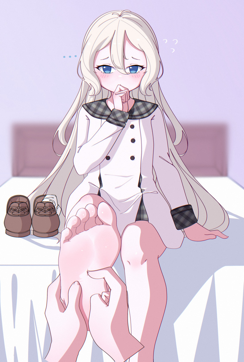 1girl absurdres barefoot bed blue_eyes blush feet foot_focus highres kokkoro_(princess_connect!) kokkoro_(real)_(princess_connect!) long_hair massage pov princess_connect! sitting soles solo yao_(pixiv9482697)
