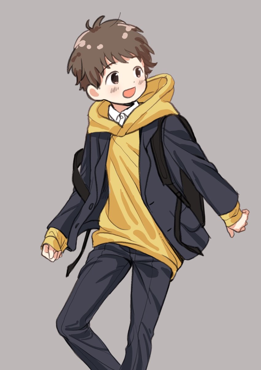 1boy :d backpack bag black_hair black_pants blush child grey_background highres hood hood_down hoodie jacket long_sleeves male_focus open_mouth original pants piko_(pixiv) short_hair simple_background sleeves_past_wrists smile solo yellow_hoodie
