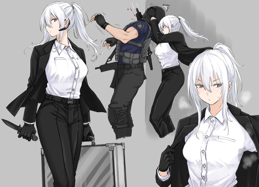 1boy 1girl assassination bleeding blood breasts briefcase business_suit death dying earpiece formal_clothes fuku_(fuku12290574) grey_hair gun highres holding holding_briefcase holding_knife jacket knife medium_breasts military open_clothes open_jacket original pants ponytail suit suitcase walking weapon white_hair