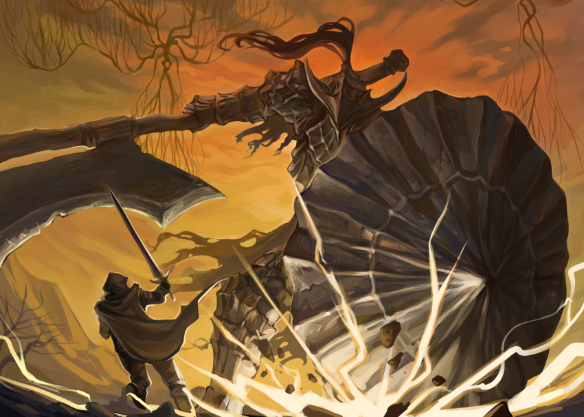 1other armor armored_boots ashen_one_(dark_souls) axe battle boots cape commentary_request dark_souls_(series) dark_souls_iii dokomon dragonslayer_armour duel fake_horns full_armor full_body helmet highres holding holding_axe holding_shield holding_sword holding_weapon horned_helmet horns korean_commentary leg_armor lightning living_armor monster orange_sky outdoors shield sky sword torn_cape torn_clothes weapon
