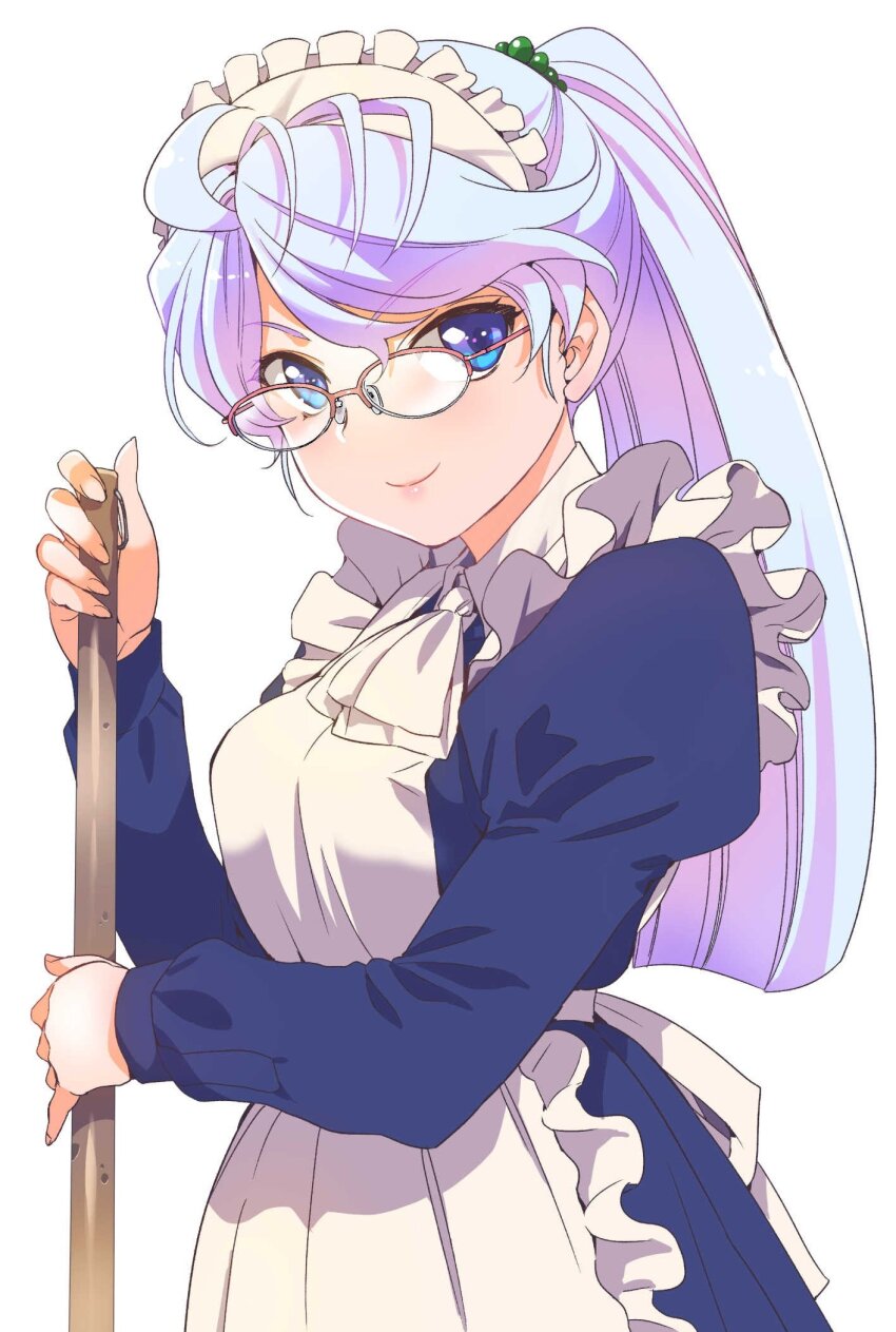 1girl apron blue_dress blue_eyes boku_no_kanojo_wa_sasuga_desu. commentary_request dress glasses highres inoue_sora long_hair looking_at_viewer maid maid_apron maid_headdress ponytail sasuga_ayame smile solo upper_body white_apron white_hair