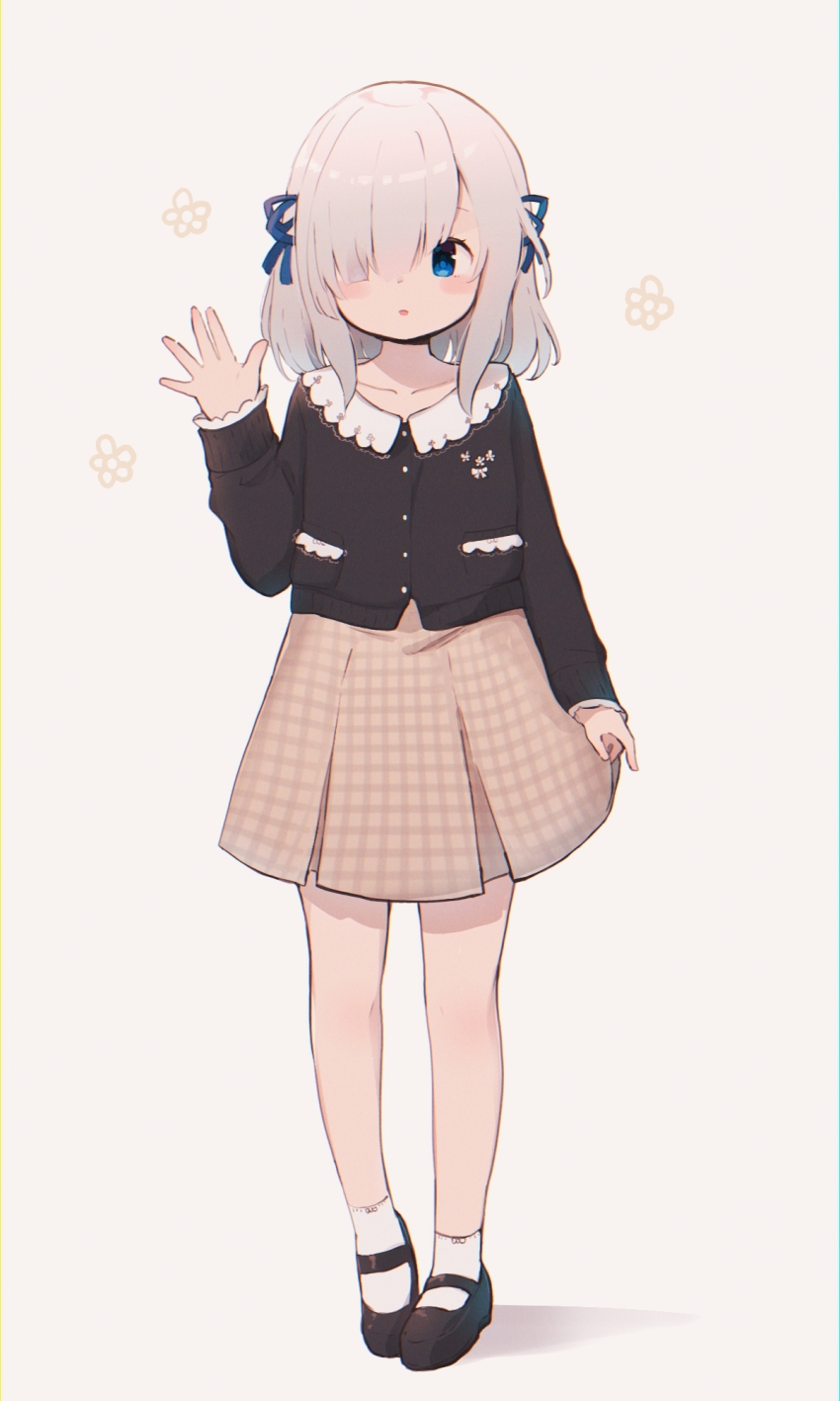 1girl ankle_socks arm_at_side black_shoes blue_eyes blue_ribbon blush brown_cardigan brown_skirt cardigan collared_cardigan flower full_body grey_hair hair_over_one_eye hair_ribbon hand_up heel_up highres isuzu_ren isuzu_ren_(casual_costume) kashi_neko long_bangs long_sleeves magia_record:_mahou_shoujo_madoka_magica_gaiden mahou_shoujo_madoka_magica mary_janes medium_hair miniskirt official_alternate_costume one_eye_covered parted_lips plaid_clothes plaid_skirt pocket ribbon shoes sidelocks simple_background skirt socks solo tress_ribbon white_background white_socks