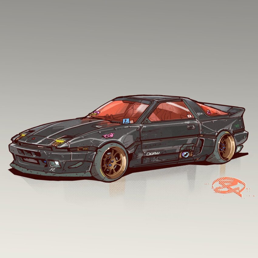 black_car car commentary commission english_commentary fernando_correa grey_background highres motor_vehicle original reflection shadow signature sports_car toyota toyota_supra toyota_supra_mk_iii vehicle_focus