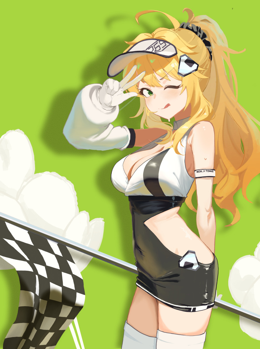 1girl ;q absurdres ahoge arm_behind_back arm_up artist_name blonde_hair breasts checkered_flag cleavage covered_navel detached_sleeves flag from_side green_background green_eyes highres holding holding_flag hoshii_miki idolmaster idolmaster_(classic) long_hair looking_at_viewer one_eye_closed ponytail race_queen shadow single_detached_sleeve solo standing thighhighs tomber tongue tongue_out visor_cap w white_thighhighs