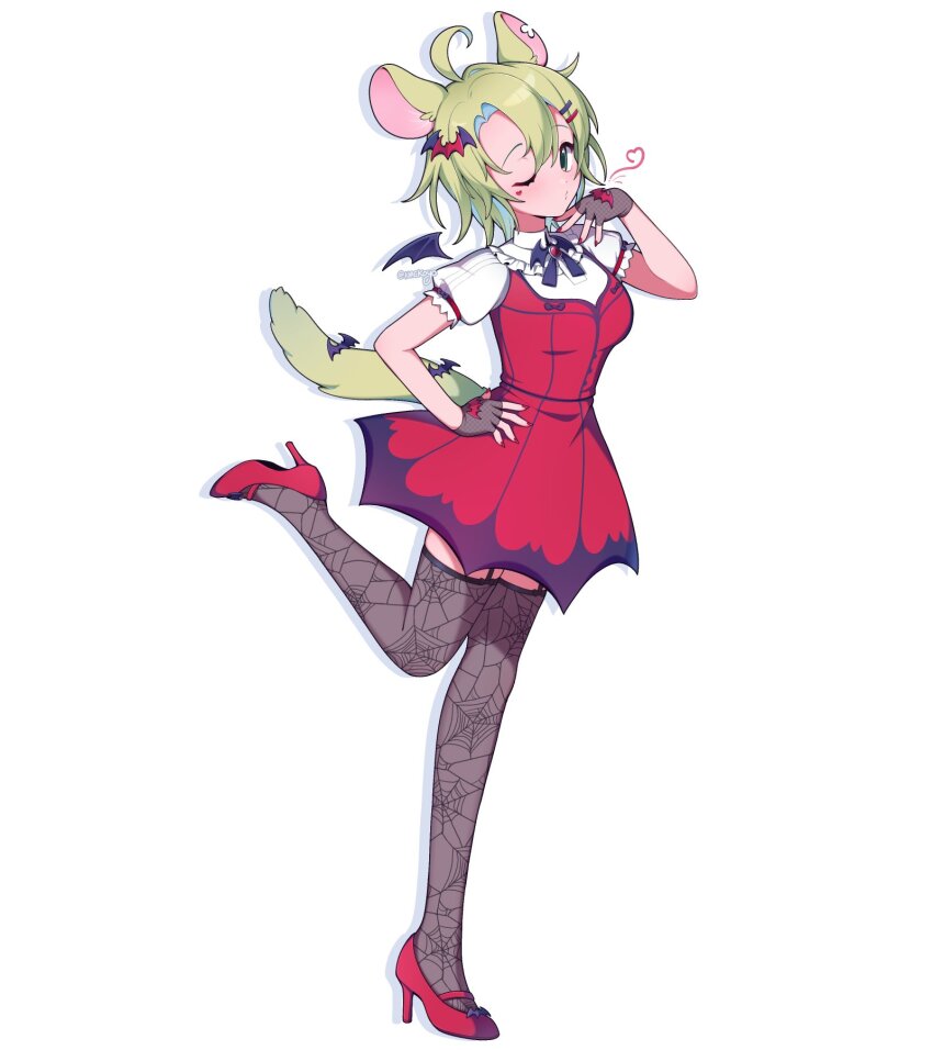 1girl ahoge alternate_costume animal_ears ashton_marten_(vtuber) bat_hair_ornament bat_wings black_thighhighs blowing_kiss breasts chinchilla_ears chinchilla_girl chinchilla_tail collared_shirt commentary dress english_commentary fingerless_gloves full_body gloves green_eyes green_hair hair_ornament hairpin hand_on_own_hip heart high_heels highres indie_virtual_youtuber leg_up looking_at_viewer medium_breasts nackoyo nail_polish one_eye_closed print_thighhighs red_dress red_nails red_shoes shirt shoes short_hair simple_background solo spider_web_print standing tail thighhighs vampire_costume virtual_youtuber white_background white_shirt wings