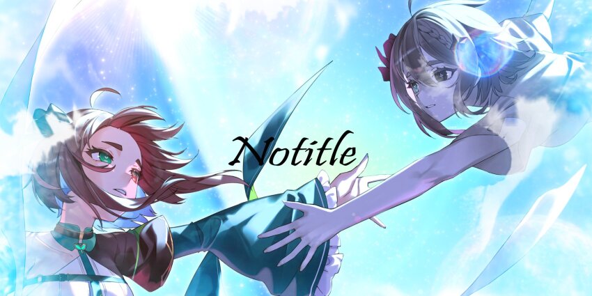 1girl ahoge bell_sleeves black_capelet black_choker blue_hair blue_sky bow braid brown_eyes brown_hair bubble capelet chest_belt choker collar colored_inner_hair commentary_request copyright_request cross-shaped_pupils dual_persona english_text falling floating_clothes floating_hair frilled_sleeves frills green_bow green_collar green_eyes green_sleeves hair_bow hair_ornament half_capelet heterochromia highres horizon chromashift kouhiipan lens_flare light_blue_hair light_particles medium_hair meica_(vtuber) meica_(vtuber)_(1st_costume) meica_(vtuber)_(old_design) mismatched_pupils multicolored_hair ocean outstretched_arm outstretched_hand parted_lips pendant_choker reaching reaching_towards_another red_bow sad second-party_source shirt single-shoulder_shirt single_braid sky song_name song_request spanish_commentary sprout-shaped_pupils sprout_pendant star_(symbol) star_hair_ornament symbol-shaped_pupils two_side_up virtual_youtuber white_shirt