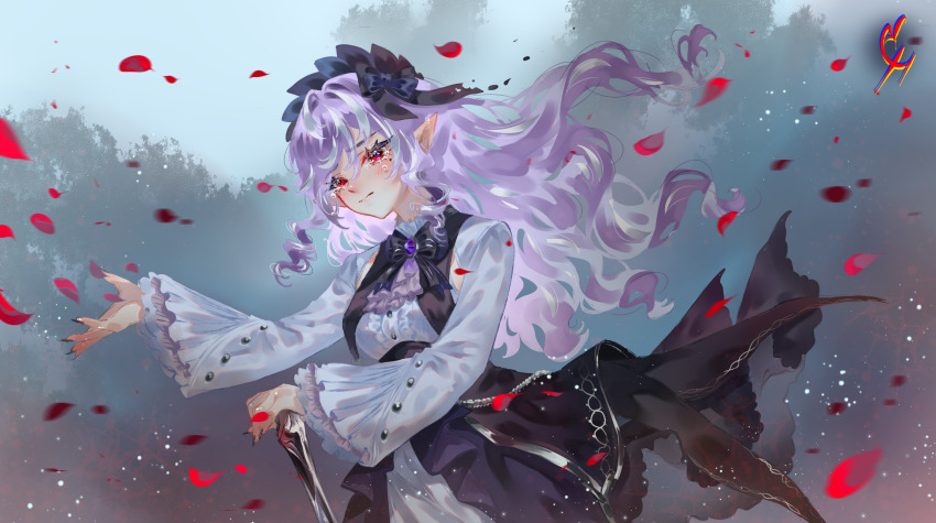 1girl artist_logo black_bow black_bowtie black_nails black_skirt bow bowtie center_frills closed_mouth coconuthound commentary cowboy_shot dress english_commentary fingernails frilled_sleeves frills gem hair_bow hair_spread_out hand_up highres logo long_fingernails long_hair long_sleeves looking_at_viewer mole mole_under_eye nail_polish overskirt purple_bow purple_bowtie purple_gemstone purple_hair red_eyes red_petals shrug_(clothing) skirt solo tearing_up vivian_banshee white_dress white_shrug zenless_zone_zero