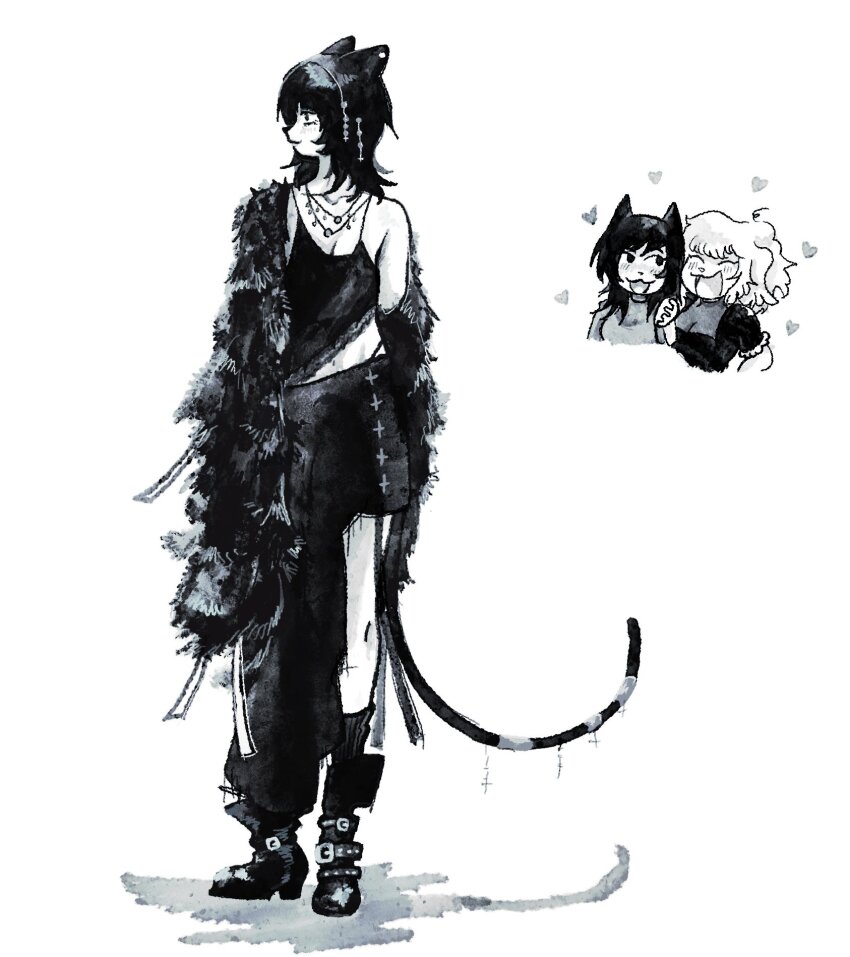 2girls animal_ears black_dress black_hair black_skirt blush boots breasts cat_ears cat_girl cat_tail dress greyscale hair_ornament highres jewelry monochrome multiple_girls neck_ring omnukij original simple_background skirt smile tail white_background