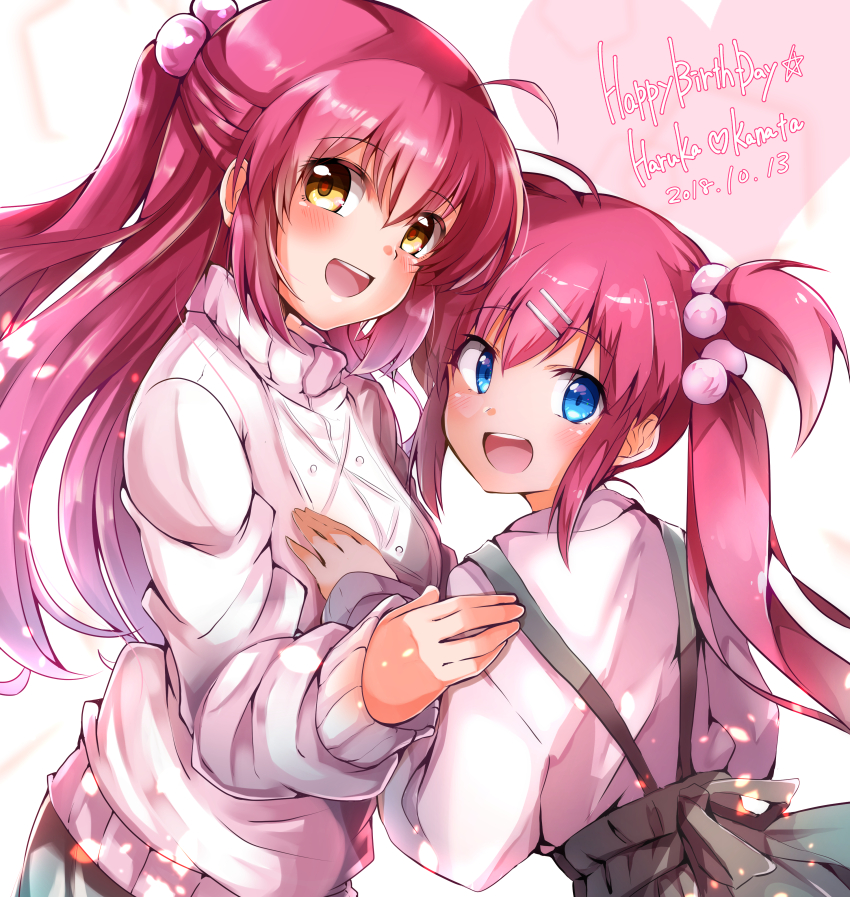 2018 2girls :d absurdres ahoge artist_collaboration blue_eyes blush brown_eyes ca2la casual commentary_request dated eyelashes eyes_visible_through_hair futaki_kanata hair_between_eyes hair_bobbles hair_ornament half_updo happy happy_birthday heads_together heart highres hug little_busters! long_hair looking_at_viewer looking_back multiple_girls one_side_up open_mouth ponytail purple_hair saigusa_haruka shinonome_mozuku short_ponytail siblings side_ponytail simple_background sisters skirt smile suspender_skirt suspenders sweater teeth twins upper_body upper_teeth_only very_long_hair white_background white_sweater yellow_eyes